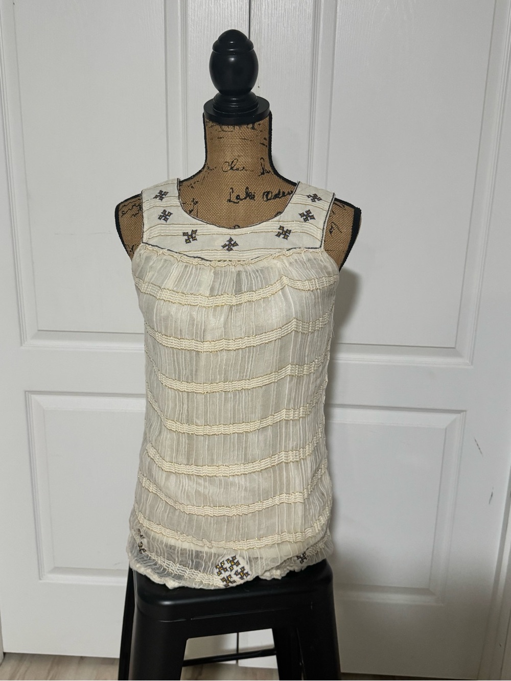 Cream Embroidered Sleeveless Women's Top, hand made, vintage